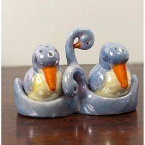 Vintage Lusterware Blue Bird Salt Pepper Shakers Swan Caddy Japan 1950s Ceramic